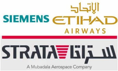 Siemens, Strata und Etihad Airways Logo.