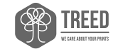 Treed Filaments Logo "Treed, We care about your prints" und Symbol eines Baumes in grauem Sechseck