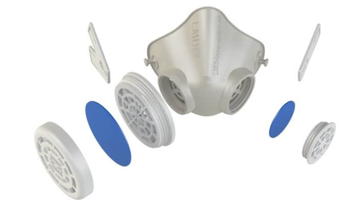 3D-gedruckte Maske in allen Einzelteilen
