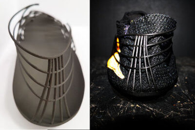 Pleko, Rückansicht. Links 3D-gedruckte Hauptstruktur in Windform® SP. Rechts: fertiges Schuhwerk