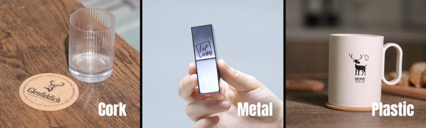 Gravurbeispiele Metall, Kunststoff und Kork