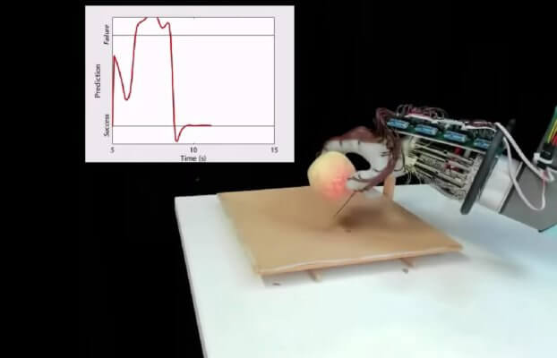 3D-gedruckte Roboterhand greift Pfirsich