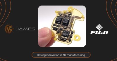 Logo J.A.M.E.S GmbH, ein 3D-gedrucktes Elektronikteil und Logo Fuji Corp. Logo J.A.M.E.S GmbH, ein 3D-gedrucktes Elektronikteil und Logo Fuji Corp.
