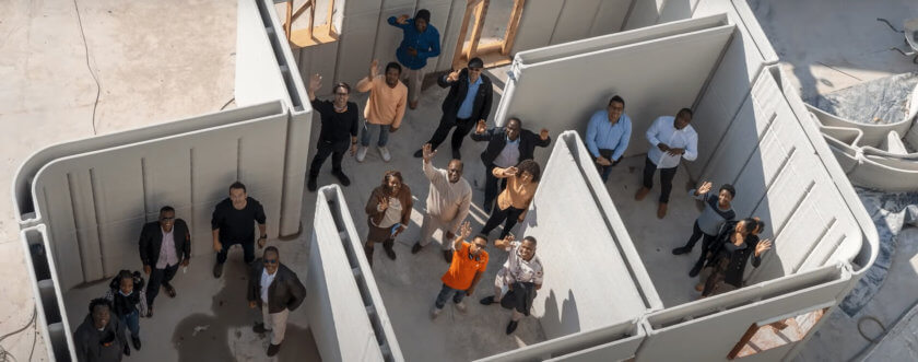 Menschen im offenen Gebäude sehen nach oben und winken