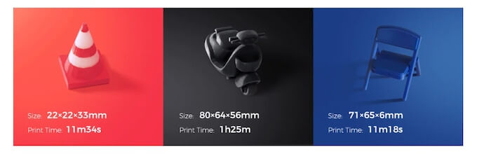 Druckbeispiele und verbrauchte Zeit für 3D-Druck mit KOKONI SOTA