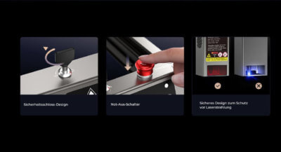 Sicherheitsfunktionen Not-Aus-Taste, Sicherheitsschloss und Abdeckung