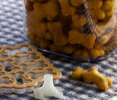 Hundekekse in Behälter und Hundekeksform