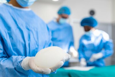 Brustimplantat vor 3D-Druck-Technologie Traditionelles Brustimplantat neben moderner 3D-Druck-Brustrekonstruktion