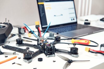 3D-gedruckte Drohnenteile bereit für den Zusammenbau Einzelteile für eine Drohne aus 3D-Druck