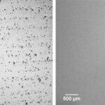 Links: Kaltgespritzte Titanprobe vor dem HIP-Verfahren. Rechts: Titanprobe nach dem HIP-Verfahren.