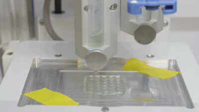 3D-Druckprozess mit Algen-basiertem Polymer und modifizierten Bakterien zur Wasserreinigung.