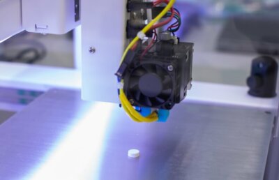 Medikamententablette direkt nach dem 3D-Druck an der Litauischen Universität für Gesundheitswissenschaften.