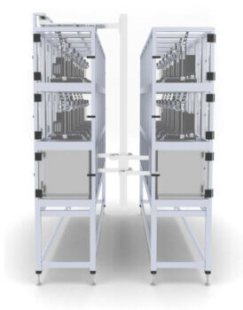 Seitenperspektive des print-RACK 3D-Druck Automatisierungssystems von rossmann automation