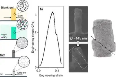 Forschungsgrafik zu 3D-gedruckten Nickel-Nanopfeilern mittels Zwei-Photonen-Lithografie Wissenschaftliche Darstellung der Herstellungsmethode von Nickel-Nanopfeilern durch 3D-Druck und Zwei-Photonen-Lithografie