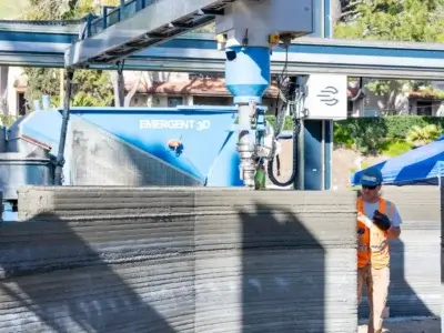 3D-Druck Aufbau des Netto-Nullenergiehauses Solar Futures House durch Woodbury University und Emergent in Los Angeles