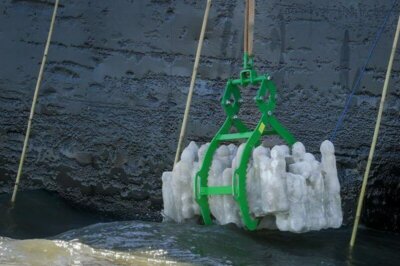 Herablassen eines 3D-gedruckten künstlichen Riffs bei Koh Sak Island, Pattaya, zur Stärkung der marinen Biodiversität Platzierung eines 3D-gedruckten Riffs im Meer als Teil des Meeresschutzprojekts in Pattaya