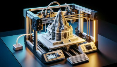 3D-gedrucktes Modell des Ram Mandir Tempels in Ghaziabad - KI-Visualisierung der detailreichen Architektur Symbolhafte, KI-generierte Darstellung eines 3D-Druckers, der eine Replik des Ram Mandir Tempels in Ghaziabad erstellt, symbolisch für den Trendwechsel im lokalen Souvenirmarkt