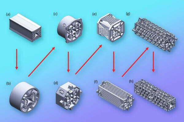 Entwicklung von Quadrupol-Filtern für tragbare Massenspektrometer durch 3D-Druck am MIT Fortschrittliche additive Fertigung von Quadrupol-Filtern am MIT mit dem endgültigen Design (h), umgeben von dreieckigen Gittern für Langlebigkeit