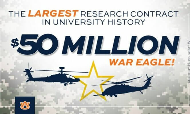 Auburn University 50 Millionen Dollar Forschungsvertrag für additive Fertigung mit US-Armee Auburn University erhält historischen Forschungsvertrag über 50 Millionen von der US-Armee für 3D-Druck Technologien