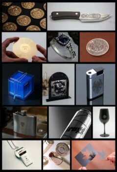 Vielfältige Gravurprojekte realisiert mit LumiTool F20 Laser-Gravierer Gravierte Objekte darunter Schmuck, Besteck und dekorative Artikel mit LumiTool F20 Laser-Gravierer erstellt
