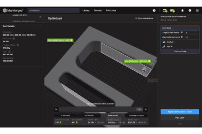 Markforged 3D-Drucksoftware mit neuer Simulationsfunktion zur Optimierung von Kompositteilen Screenshot der Markforged Simulationssoftware, die 3D-gedruckte Kompositteile auf Festigkeit testet und Produktionseffizienz verbessert