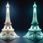 3D-gedruckte Eiffeltürme leuchten in Gelb und Grün unter UV-Licht