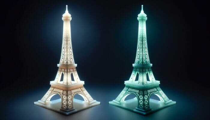 Miniatur-Eiffeltürme aus supramolekularer Tinte im UV-Licht 3D-gedruckte Eiffeltürme leuchten in Gelb und Grün unter UV-Licht