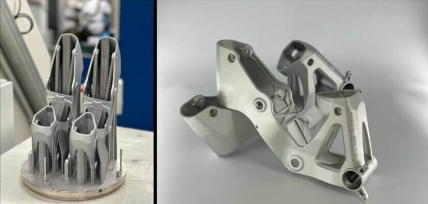 3D-Druck Prozess und finales Rückgrat des INTENSE M1 Downhill-Rennrads Additiv gefertigtes Fahrradrückgrat für INTENSE M1 aus A6061-RAM2 Legierung im 3D-Druck Verfahren hergestellt