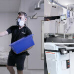 3D-Drucktechniker bereitet Materialien für den Bau feuerresistenter Strukturen vor