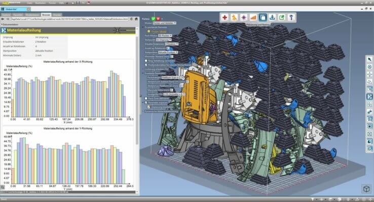 3D-Druck Optimierung mit 4D_Additive Software und HP Jet Fusion Drucker 3D-Drucksoftware 4D_Additive Materialverteilung und automatisiertes Nesting im Bauraum