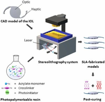 Herstellung von 3D-gedruckten Augenlinsen mittels Stereolithographie Schematische Darstellung der Produktion von linsenförmigen 3D-Objekten durch Stereolithographie mit einem Harz aus Acrylatmonomeren und Vernetzern, entwickelt von der University of East Anglia