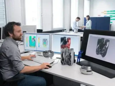 Siemens-Ingenieur bei der Analyse von 3D-Druck-Designs zur Unterstützung der amerikanischen AM-Industrie Siemens-Ingenieur analysiert 3D-Druck-Designs im Charlotte Advanced Technology Collaboration Hub (CATCH)