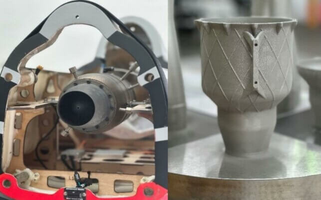 3D-gedruckte Teile und eine Mikro-Gasturbine montiert in einem Luftgestell, entwickelt durch die Zusammenarbeit von Aurora Labs und Innovaero