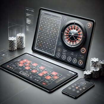 Minimalistische Benutzeroberfläche eines Online-Casinos mit digitalem Roulette und Pokerchips
