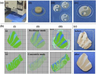 3D-Druck von pflanzenbasiertem Fischfleisch: Druckmodi und Texturvergleich 3D-Druckprozess von pflanzenbasiertem Fischfleisch mit Dual-Düsen, verschiedene Druckmodi und Texturen im Vergleich.