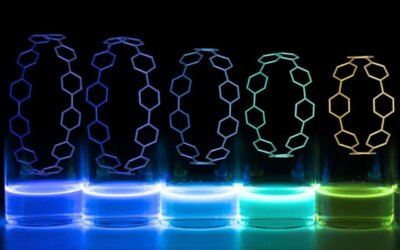 Fluoreszierende Nanohoops, die für den 3D-Druck von Implantaten verwendet werden, leuchten in verschiedenen Farben. Nanohoops, die in 3D-gedruckte Strukturen integriert wurden, fluoreszieren in verschiedenen Farben unter UV-Licht.