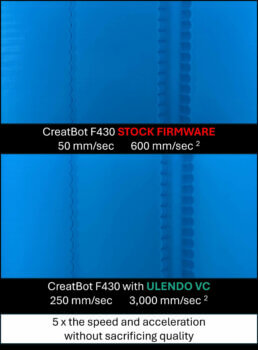 Nahaufnahme des CreatBot F430 Druckergebnisses mit Standard- und Ulendo VC-Firmware, die die Verbesserung der Druckqualität und Geschwindigkeit zeigt.