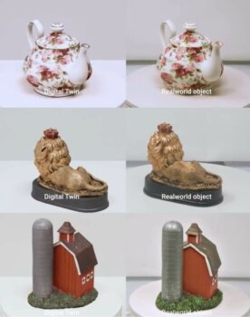 Digitale Zwillinge von Reality Labs Research: Präzise 3D-Modelle für immersive Anwendungen und E-Commerce. Vergleich von digitalen Zwillingen und realen Objekten, erstellt von Reality Labs Research für immersive 3D-Anwendungen.