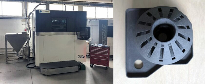 Farsoon UT501P-System und Filtergehäuse aus LUVOSINT PPS 9268 BK im Rahmen der 3D-Druck-Betaphase bei AM-Rauch Farsoon UT501P-System bei AM-Rauch und gedrucktes Filtergehäuse aus LUVOSINT PPS 9268 BK