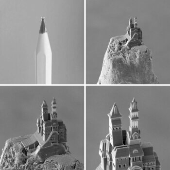 Miniatur-Schloss auf Bleistiftspitze, gedruckt mit 2PP-3D-Drucktechnologie von UpNano Miniaturschloss auf der Spitze eines Bleistifts, hergestellt mit 2-Photonen-Polymerisations-3D-Druck von UpNano
