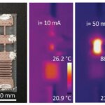 Thermografische Darstellung eines 3D-gedruckten, halbleiterfreien elektronischen Bauteils des MIT, das bei unterschiedlichen Stromstärken getestet wurde (Bild © MIT).