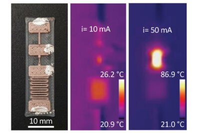 3D-gedrucktes, halbleiterfreies elektronisches Bauteil des MIT bei Thermotest mit unterschiedlichen Stromstärken Thermografische Darstellung eines 3D-gedruckten, halbleiterfreien elektronischen Bauteils des MIT, das bei unterschiedlichen Stromstärken getestet wurde (Bild © MIT).