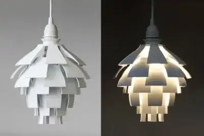 3D-gedruckter Artischocken-Lampenschirm, inspiriert von Louis Poulsen, mit überlappenden Finnen für reflektiertes Licht