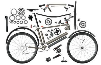 Einzelteile eines 3D-gedruckten E-Bike-Rahmens von Möve und Eplus3D für eine kosteneffiziente und flexible Konstruktion Zerlegte Teile eines E-Bike-Rahmens, hergestellt mit 3D-Drucktechnologie von Möve und Eplus3D, zur Optimierung von Design und Kosteneffizienz