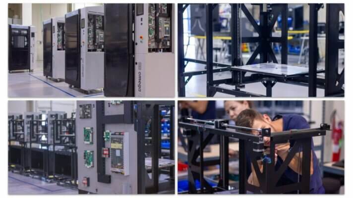 Produktionsanlage von BCN3D für den Omega I60 3D-Drucker zur Unterstützung der Leichtindustrie. Mehrere Omega I60 3D-Drucker in der Produktionslinie des neuen Werkes von BCN3D, errichtet zur Expansion im Bereich leicht-industrieller Anwendungen.