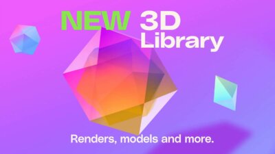 Neue 3D-Bibliothek von Envato Elements mit Renderings und Modellen Grafik zur neuen 3D-Bibliothek von Envato Elements mit Text "NEW 3D Library"