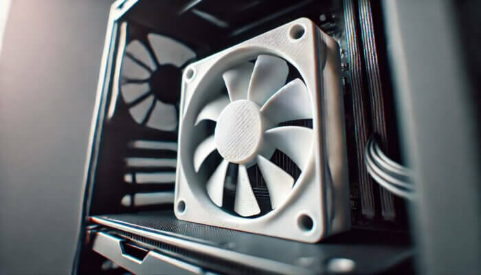 3D-gedrucktes Lüftergehäuse als Modding-Modul für individuelle PC-Anpassungen Nahaufnahme eines 3D-gedruckten Lüftergehäuses als Modding-Komponente im PC-Gehäuse