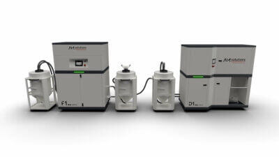 D1- und F1-Systeme von AM Solutions und EOS für die automatisierte Nachbearbeitung im SLS-3D-Druck. D1- und F1-Systeme von AM Solutions und EOS zur Optimierung der Nachbearbeitung von SLS-Teilen, bestehend aus Maschinen für Depowdering, Sieben und Pulvermischung.