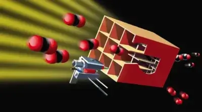 Grafische Darstellung eines Solarreaktors mit hierarchisch angeordneten 3D-gedruckten Keramikstrukturen zur effizienten Herstellung von CO₂-neutralen Brennstoffen.