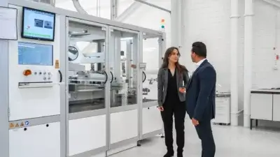 Exentis 3D-Siebdrucksystem für die Großserienfertigung in den USA Zwei Mitarbeitende diskutieren vor einem Exentis 3D-Siebdrucksystem, das in den USA zur Produktion von Großserien eingesetzt wird